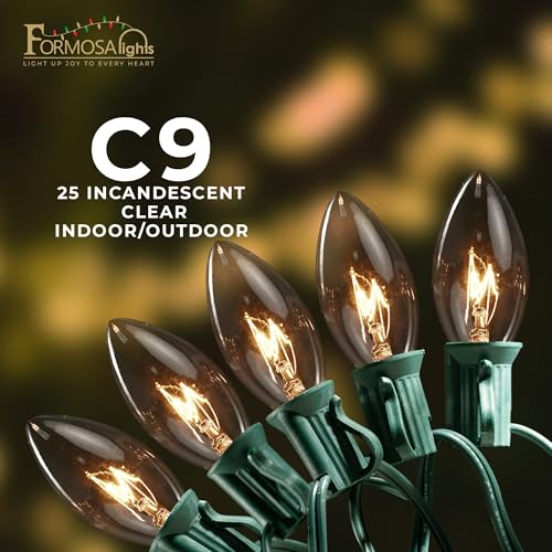 C9 26ft Indoor/Outdoor Clear Incandescent Christmas String Lights with 25 Bulbs and E17 Base | 120V, 7W - style: Clear Incandescent