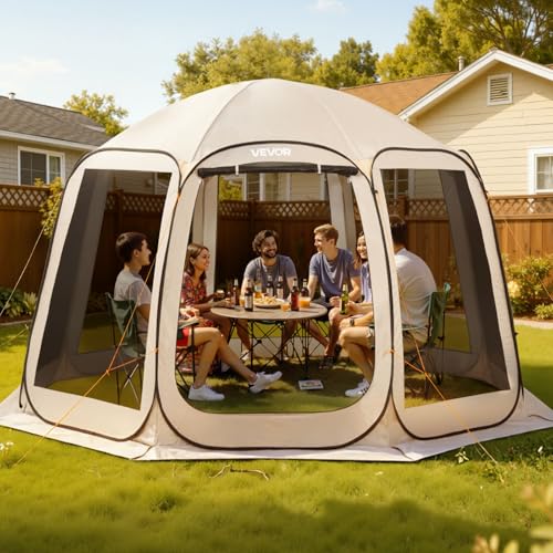 VEVOR Pop up Screen House Tent, 12 x 11 ft, 10-12 Person Screen Gazebo, Portable Screened in Canopy with Carry Bag, Netting Sides, Ground Stakes, for Garden, Patio, Backyard, Outdoor Activities, Beige - color: Beige, size: 12x11x7.55 FT