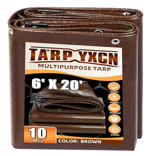 Brown Tarp 6x20 Feet, 10 Mil Thick Waterproof Poly Tarps Cover UV Resistant, Rip & Tear Proof with Metal Grommets Every 20 Inches - color: Brown, size: 6x20 Ft