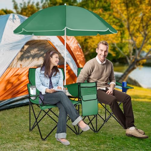 COSTWAY Double Portable Picnic Chairs, Folding Camping Chairs w/Detachable Umbrella, Cooler Bag, Cup Holders, Patio Beach Camping Chairs for Outdoors, Green - color: Green