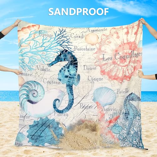 AISPARKY Beach Blanket Waterproof Sandproof Extra Large, Oversized Beach Mat, Quick Drying&Compact&Lightweight, Picnic Blankets Vacation Essentials for Outdoor Beach Camping (79" X 83" (4 Person)) - color: Blue - Vintage Seahorse, size: 6'11" x 6'7"