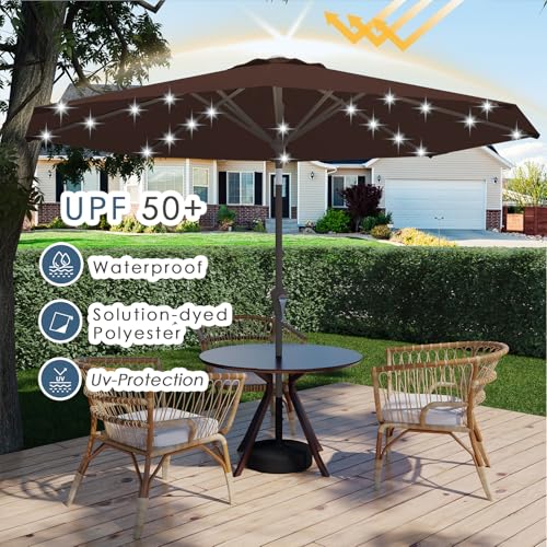 9FT Patio Umbrella with Solar Lights,Outdoor Market Umbrella with Tilt and Crank, LED Lighted Table Umbrella for Garden,Deck,Backyard,Pool,Beach - color: Brown
