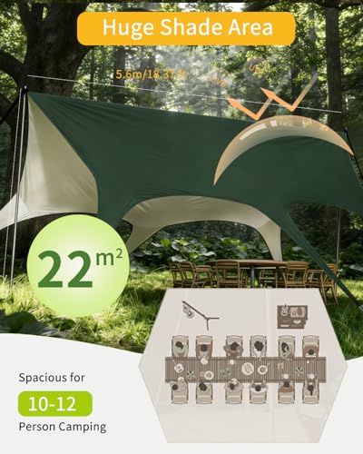 Camping Tarp with Poles, No Rope Tying 2-Step Setup, 11x18FT Waterproof 10-12 Person Tarp Shelter, 22ft² 2.6m Height 210D Oxford Family SUV Park Beach Outdoor Sun Shelter, Olive - color: Olive