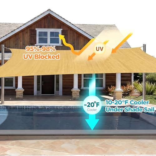 20 x 26ft Sun Shade Sail for Patio Rectangle 185 GSM Heavy Duty UV Block Canopy Permeable Cover Outdoor Garden Deck Backyard Commercial Grade 95%-98% UV Protection Easy Installation(Sand) - color: Sand