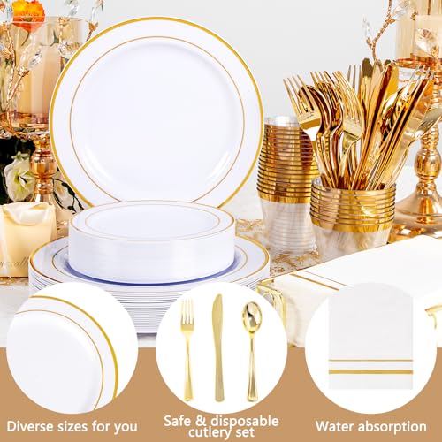 GATHER 176 Pieces Gold Dinnerware Disposable - White and Gold Plastic Plates Includes 50 Plates, 25 Plastic Silverware, 25 Napkins, 25 Cups and 1 Tablecloth for Wedding Party - color: Gold, size: 25 Guests