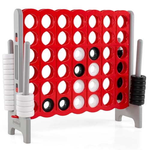 COSTWAY Giant 4-in-a-Row Game Set, Jumbo 4-to-Score for Kids and Adults with 42 Jumbo Rings & Quick-Release Slider, Indoor Outdoor Yard Party Game for Lawn, Holiday Party & Family (Red & Grey) - color: Red & Grey