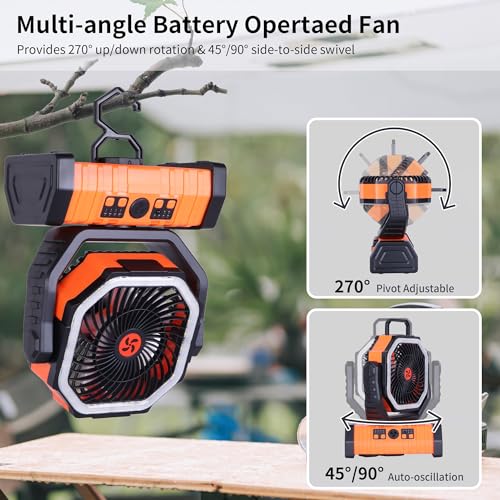 20000mAh Emergency Battery Powered Fan & LED Light, Battery Operated Rechargeable Fan for Power Outage, Car Defrosting, Indoor Use with 360° Oscillating & Hook, 8H Timer, Portable Camping Fan - color: Orange