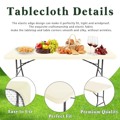 6 Pack Table Cover Fitted Picnic Elastic Tablecloth for 8 Foot Rectangle Tables Waterproof Stretch Washable Folding Indoor and Outdoor Spandex Table Cloth for Parties Banquet Camping (Beige,30" x 96") - color: Beige, size: 30"x96" (Pack of 6)