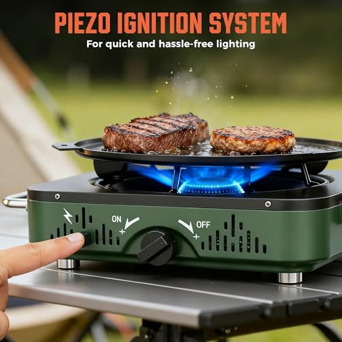 BIG HORN OUTDOORS 2 Burner Propane Camping Stove, Portable Camp Stove, Folding Gas Stove, Includes Frying Pan & Carry Bag for Camping, Emergency Use and Outdoor Cooking