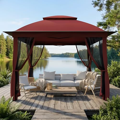11'X11' Gazebo Pop Up with 4 Sidewalls Mosquito Netting, Heavy Duty Patio Gazebo Canopy Tent with Double Air Roofs for Backyards, Patios, Decks, Gardens, Parks - color: Red Top