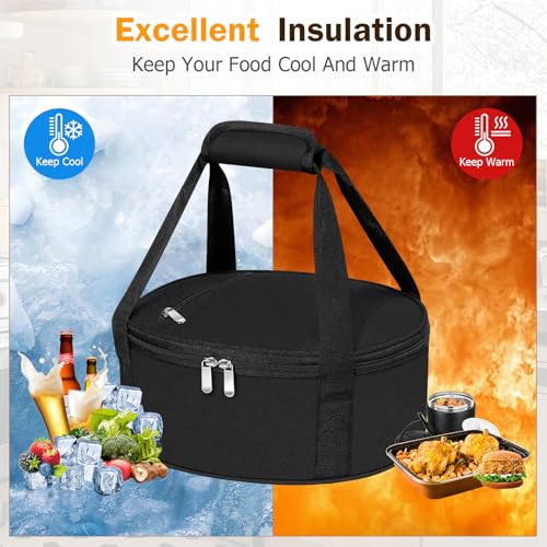 Round Insulated Casserole Carrier – 12" Portable Pie Carrier Bag for Hot or Cold Food, Leakproof Thermal Lunch Tote with Handle for Parties Picnic & Travel - Black - color: Black, size: Single