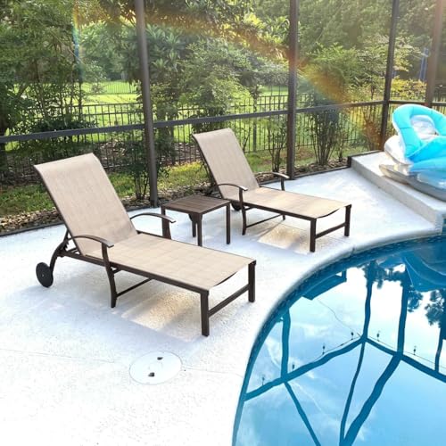 PURPLE LEAF Outdoor Chaise Lounge Chair Set of 3 Patio Pool Lounger Aluminum Chairs with Side Table and Wheels Adjustable Tanning Recliner for Outside Backyard Yard Deck Balcony Beach Khaki - color: Khaki, size: 2 Chairs with Wheels & 1 Table