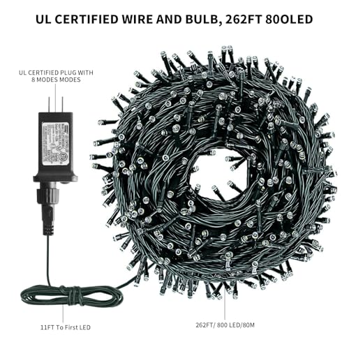 XTF2015 262FT 800 LED Christmas String Lights, Christmas Lights Plug 8 Modes Memory Function with Timer, UL Certified Outdoor Indoor Fairy Light Christma s Tree, Patio, Party (Warm White) - color: Warm White, size: 262 FT