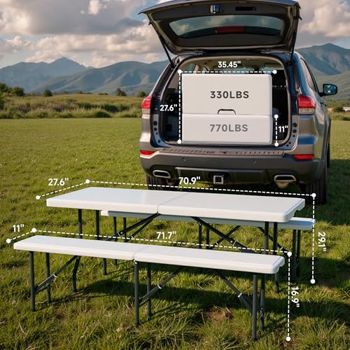 6FT Folding Table Set with 2 Folding Benches, Heavy Duty HDPE Materials, Locking Safety Design, 3-Piece Portable Folding Furniture for Camping, Picnic, Party, Indoor & Outdoor, White