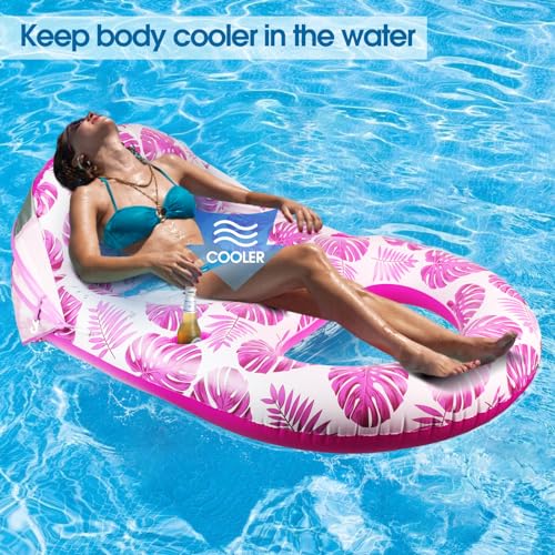 COOLCOOLDEE Pool Lounge Float with Canopy UPF50+,Extra Large Pool Floats for Adults Heavy Duty,Inflatable Lounger Float with Cup Holder & Backrest,Footrest - color: Pink