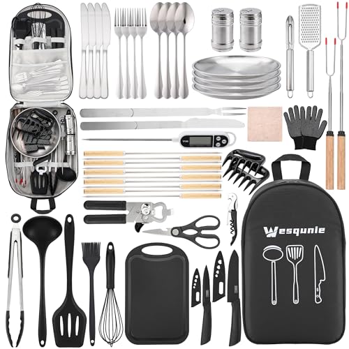Wesqunie Camping Essentials Cookware Cooking Utensils Set - Portable Camp Kitchen Mess Kit Outdoor Accessories, Stainless Steel & Silicone, Camping Gear Equipment for RV Picnic Grill, 50PCS Black - color: 50PCS Black