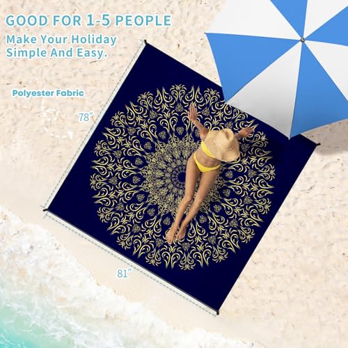 Beach Blanket Waterproof Sandproof 78''×81'' Large Suits 1-5 Adults Oversized Lightweight Picnic Mat Beach Blanket Water Resistant for Camping Hiking Travel Picnic - color: Navy Mandala, size: 78''x81''