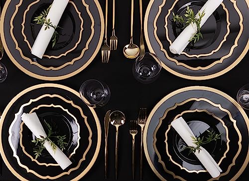 PLASTICPRO 32 Pack Elegant Disposable Plastic Plates Combo Set Includes 16 Dinner Plates and 16 Salad Plates Heavy Duty Fancy Party Plates Black & Gold Contemporary Design - color: Black & Gold Contemporary