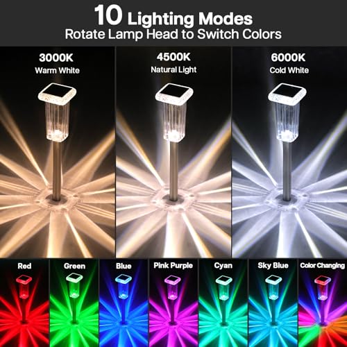 Solar Lights Outdoor 4 Pack LED Waterproof 10 Modes Pathway Outside Lights for Yard Garden Walkway Driveway Landscape Path Lighting, 3000K/4500K/6000K White & 6 Fixed Colors & Color Changing - color: 4 Pack