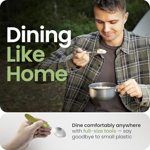 Orblue 4-in-1 Camping Eating Utensils, 2-Pack - Portable Spoon, Fork, Knife & Bottle Opener Combo Set - Stainless Steel Flatware with Detachable Fork - Travel, Backpacking Cutlery Multitool, Green - color: 2-PACK Green