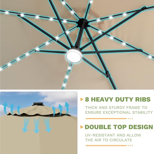 Patiowell 10 FT Patio Umbrella with Solar LED Light, Outdoor Cantilever Umbrella with 360 Degree Rotation, Outside Large Round Sun Umbrella with Frame for Backyard Garden Poolside, Beige - color: Beige with Light, size: 10 FT