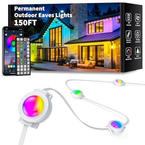 150FT Permanent Outdoor Lights, Smart RGB Eaves Lights with App/Remote Control, LED IP67 Waterproof Outdoor Lighting for Halloween Christmas Holidays Daily Party House Roof Lighting - size: 150FT