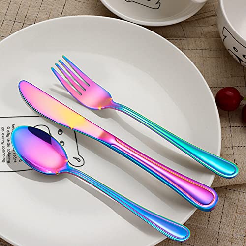 LIANYU 12-Piece Rainbow Kids Silverware Set, Stainless Steel Toddler Utensils Flatware Set, Child Cutlery Tableware for 4, Include knife Fork Spoon, Mirror Finished, Dishwasher Safe - color: Rainbow