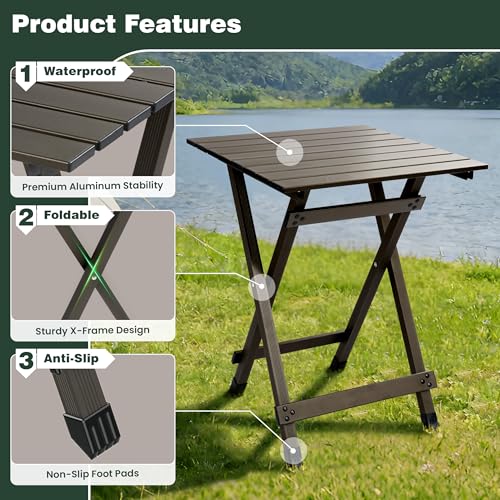 SUNNYFEEL Folding Camping Table - Lightweight Aluminum Portable Picnic Table, 18.5x18.5x24.5 Inch for Cooking, Beach, Hiking, Travel, Fishing, BBQ, Indoor Outdoor Small Foldable Camp Tables - color: Brown-1set