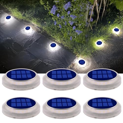 DetarZinLED Solar Deck Lights Outdoor Waterproof, 6 Pack White Round Deck Lights Solar Powered, Flat Stick on Ground Disc Light for Outdoor Pathway Driveway Step Yard Dock Walkway Patio - size: 6pcs White Round