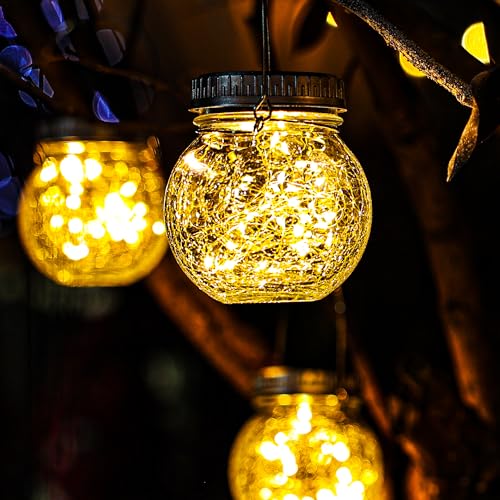 Cooo 2 Pack Crackle Glass Solar Lantern with 30 LED Firefly Lights– Waterproof Outdoor Hanging Lamp 215% Larger Solar Panel, Anti-Rust Lids Decorative Lighting for Garden Patio Table