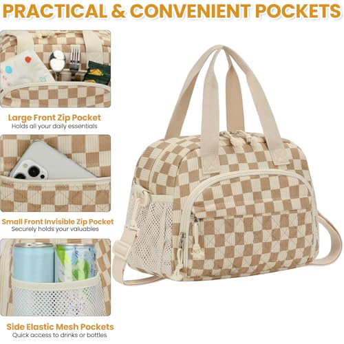 ELONGRIVER Corduroy Insulated Lunch Bag for Women Teen Girls, Portable Adult Lunch Box, Reusable Tote Cooler Bags, Lightweight Womens Lunch Bags with Front Pockets Work Picnic Travel,Khaki Checkered - color: Khaki Checkered