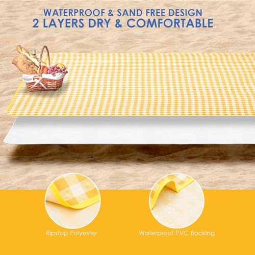 Picnic Beach Blanket Extra Large, XL Sandproof Waterproof Outdoor Camping Blankets 80x60in, Sand Free Oversized Mat, Quick Drying Portable Mats for Travel, Hiking, Music Festival, Lawn-Yellow - color: Yellow, size: 5' x 6'8"