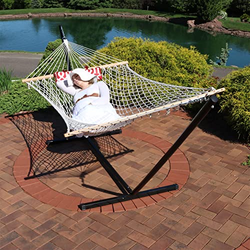 Sunnydaze Rope Hammock with Stand for Outside - Heavy Duty Freestanding Portable Outdoor Hammock Set with Quilted Pad, Pillow, and 12-Foot Steel Frame - 275 lb Capacity - Royal Red - color: Royal Red