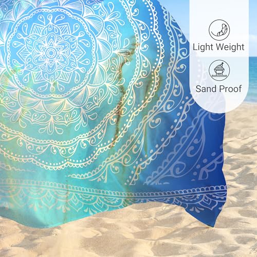 Sunlit Silky Soft Sand Proof Beach Blanket 106"x81" / 85"x72" Sand Proof Mat with Corner Pockets and Mesh Bag for Beach Party, Travel, Camping and Outdoor Music Festival, Mandala - color: Ombre Blue, size: 120"x108"