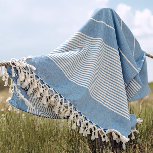 Extra Large Turkish Beach Towel Style – 100% Cotton, Sand-Free Comfort | Oversized Beach Towel – Sandproof Beach Blanket – Big Beach Mat - Outdoor Picnic Blanket (Blue, 83x94 in) - color: Blue