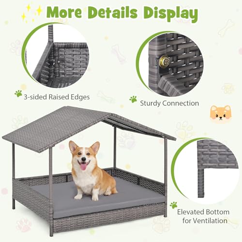 Giantex Outdoor Wicker Dog House with Roof Canopy, Elevated Rattan Dog Bed with Washable Cushion, Weatherproof Patio Pet Bed for Small Medium Dogs, Heavy Duty Metal Frame, 165 lbs, Gray - style: Gray House & Gray Cushion