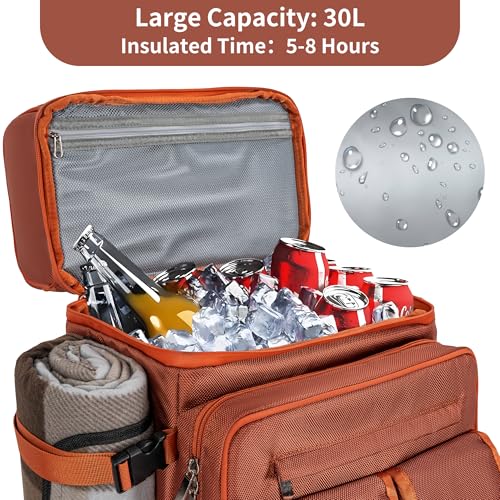 Picnic Backpack for 4 Person with 2 Insulated Leakproof Cooler Compartment, 4 Cutlery Sets, Wine Holder, Fleece Blanket, Perfect for Beach, Camping, Hiking, Brown