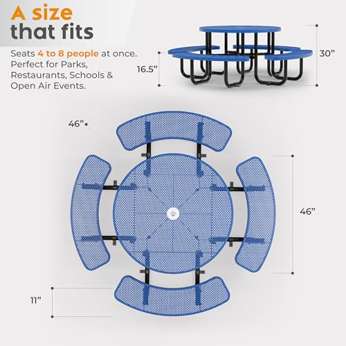 Metal Picnic Tables for Outdoors with Umbrella Hole - Coated Steel Heavy Duty Commercial Grade Furniture Set with Adjustable Seats (Blue, 46 in, Round, Punched Steel) - color: Blue, size: 46 In, Round, Punched Steel