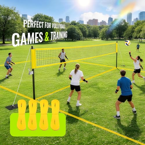 Professional Outdoor Volleyball Net Set with Arm Sleeves & Beach Fixed Plate, Heavy Duty 32-Ply Reinforced Net with Steel Anti-Sag Winch, Height-Adjustable Poles, Carry Bag for Backyard Beach Lawn