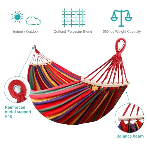 MOSFiATA Hammocks Portable Camping Hammock Upgraded 550lb Comfortable Fabric Hammock with Two Anti Roll Balance Beam and Sturdy Tree Straps for Camping, Patio, Backyard, Outdoor - color: Red