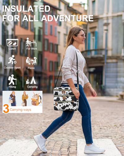 Capolo Lunch Box for Women Men Adults,Double Deck Insulated Lunch Bag Leakproof Lunch Cooler Box with Removable Strap Lunch Tote Bags Reusable Thermal Lunchbox for Work Picnic(Large,Cow print) - color: Cow print, size: Large