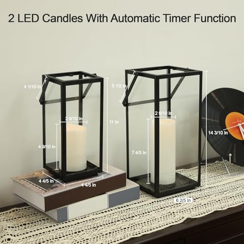 Lantern Decorative Outdoor & Indoor, 14.3'' & 11''H Metal Candle Lanterns Decor, Vintage Hanging Candle Holder for Front Porch Patio Wedding Farmhouse Home, Spring Decoration - color: Black / 14.3‘’h + 11‘’h / Timed Candles