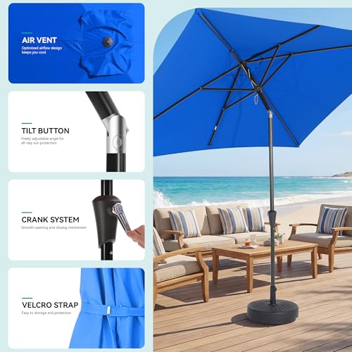 HASLE OUTFITTERS Rectangular Patio Umbrella, 6.5 x 10 ft Rectangle Table Umbrellas w/Heavy Duty Ribs, Effortless Crank and Push Button Tilt, Wind Resistant Sun Umbrella for Outdoor Patio, Blue - color: Blue
