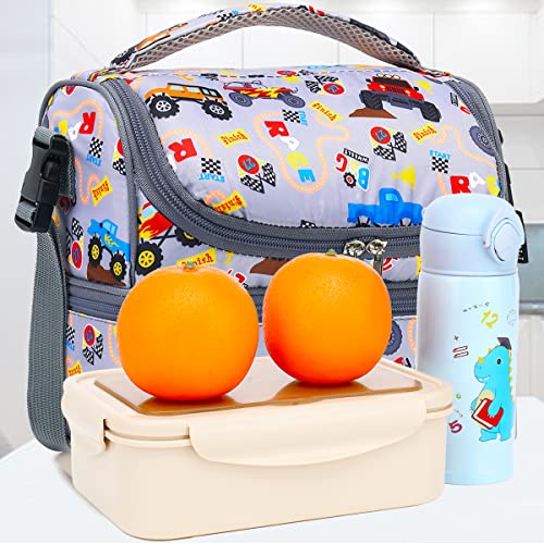 FlowFly Double Decker Cooler Insulated Lunch Bag Large Tote for Boys, Girls, Men, Women, With Adjustable Strap (Truck) - color: Truck