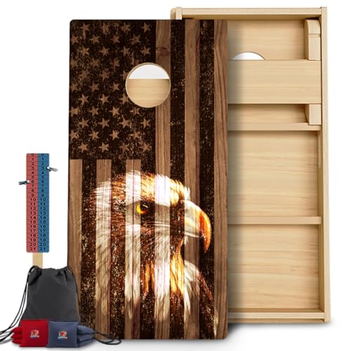CornholeGamesUSA Pro Cornhole Boards Set | Made in USA | 3/4 Baltic Birch | No Bounce | Triple Thick Legs | Two Brace & Handles, Tournament 2x4 Regulation Set with Score Tower & Cornhole Bags - color: Eagle Engraved Wood