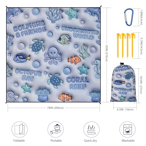 WIWIGO Beach Blanket Waterproof Sandproof Beach Mat 79" X 83"/10'x9'for 2-8 Adults Quick Drying Outdoor Picnic Mat Beach Accessories for Travel, Camping, Hiking - color: 3d - Ocean Light Blue, size: 79" X 83"（1-4person）