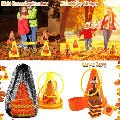 4 in 1 Fall Festival Thanksgiving Party Games with Ring Toss, Plastic Cones, Bean Bags, 3-Legged Race Bands, Thanksgiving Games for Family Boy Girl Adult Carnival Friendsgiving Outdoor Yard Activities - color: Fall Thanksgiving Orange