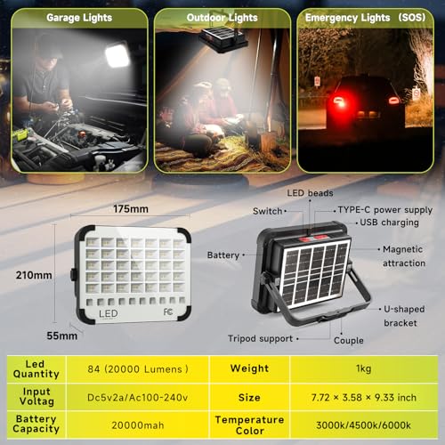 200W LED Solar Work Light Rechargeable, Sinear 20000LM Magnetic Portable Light, 20000mAh with 5 Modes, IP66 Waterproof for Outdoor Camping, Car Repair, Building, Workshop, Garage, Emergency