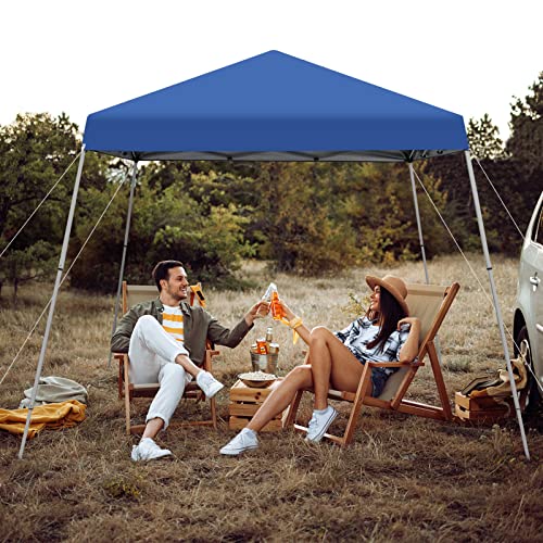 Tangkula 10x10 Ft Pop Up Canopy, Slanted Leg Outdoor Canopy Tent with Center Lock, UPF50+ Sun Protection, 4 Stakes, 8 Ropes, Carrying Bag, 1 Person Setup Instant Tent Shelter for Camp, Beach, Patio - color: Blue