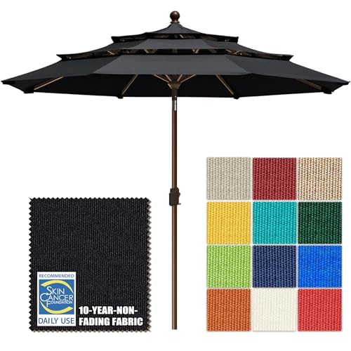 EliteShade USA 10-Year-Non-Fading 10ft 3-Tier Market Patio Umbrella, Commercial Grade Outdoor Table Umbrella with Crank Open, Windproof & UPF 50+ UV Protection, Heavy Duty Ventilation for Garden, Deck, Pool, Backyard, Beach & Bistro, Black - color: Black,